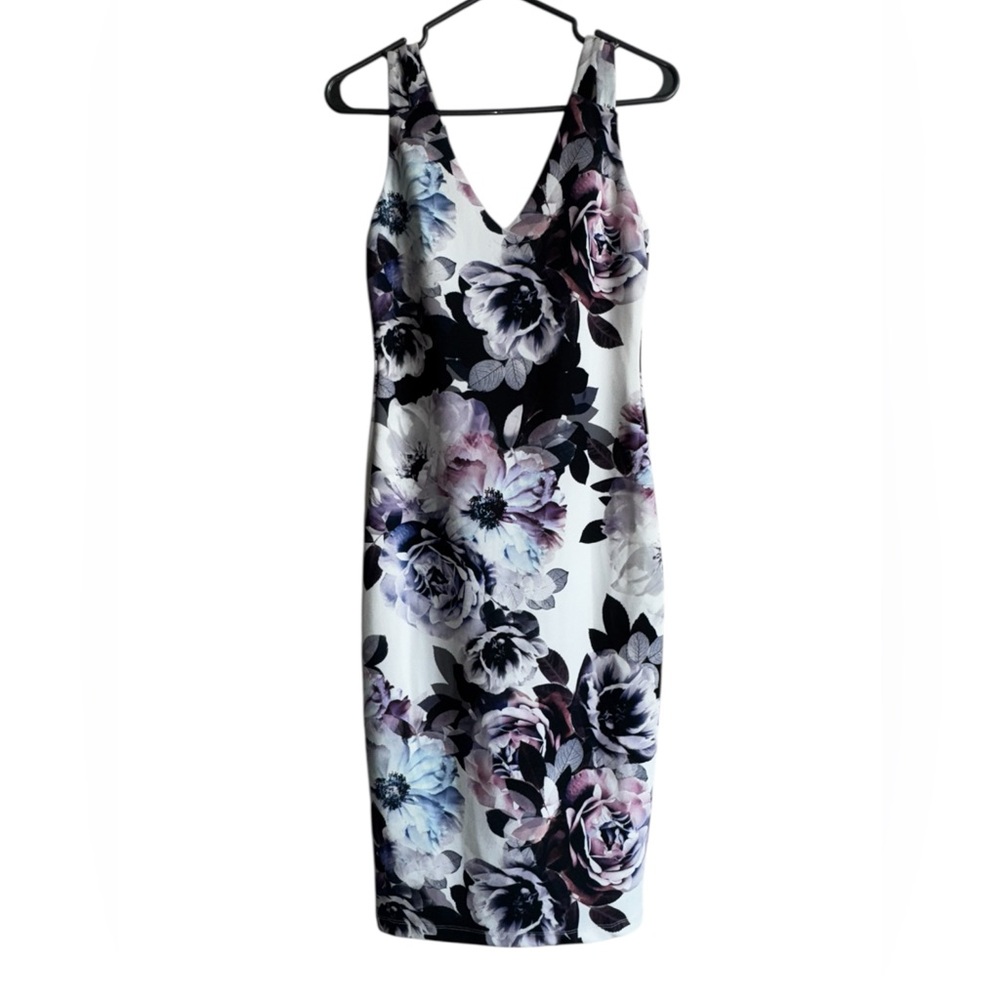 B.Smart Women's White Floral Midi V-Neck Lined Fitted Sleeveless Dress Sz 2
